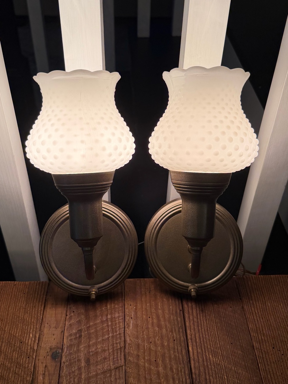Pair of Vintage Farmhouse White Hobnail Wall Sconces Painted Antique Brass-tone